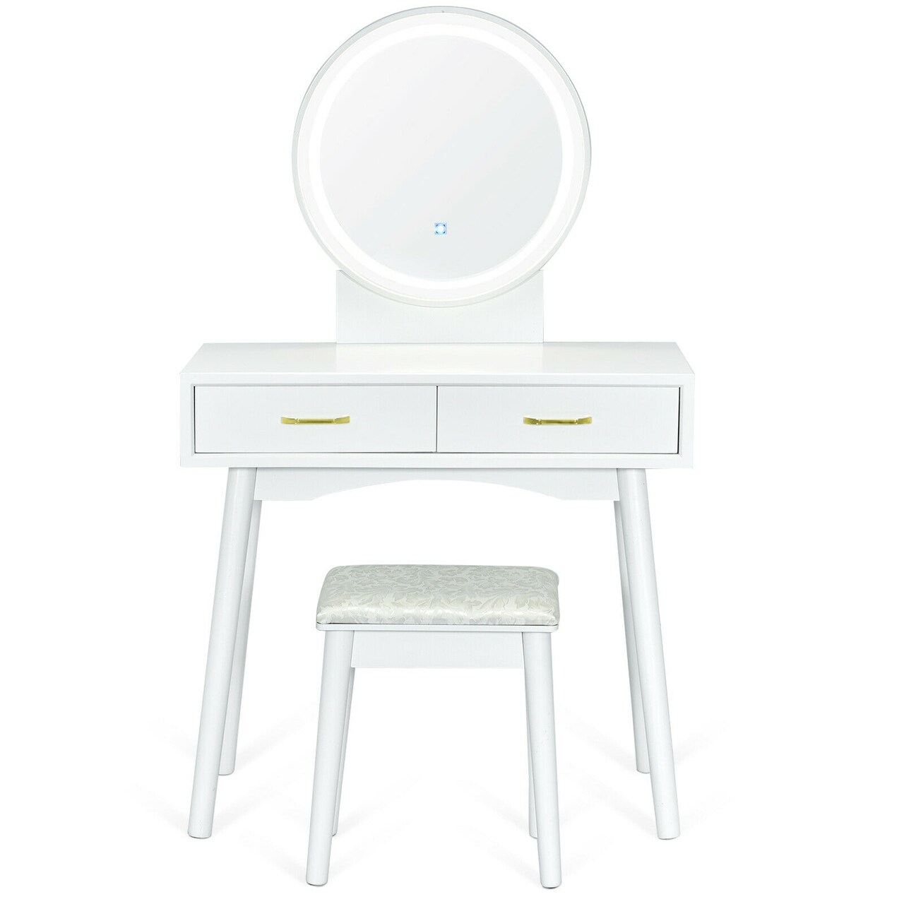 White MDF Rubberwood Vanity Table Set with LED Mirror, Drawers and Stool
